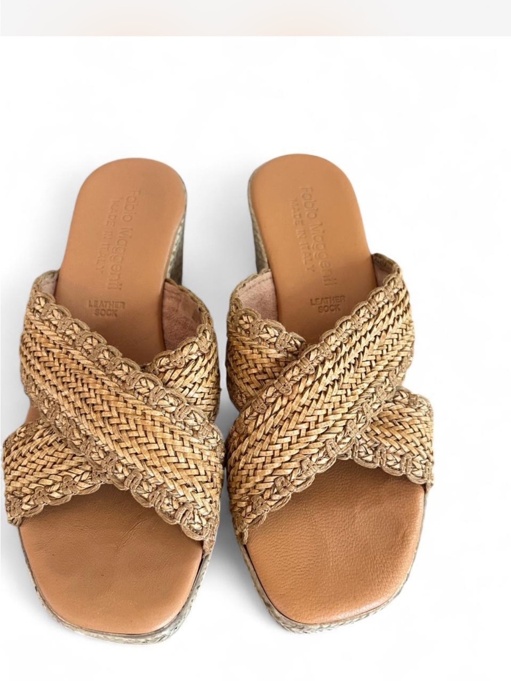 Fabio Maggenti Made in Italy Woven Raffia Wedge Slide Sandals Size 6.5 Leather